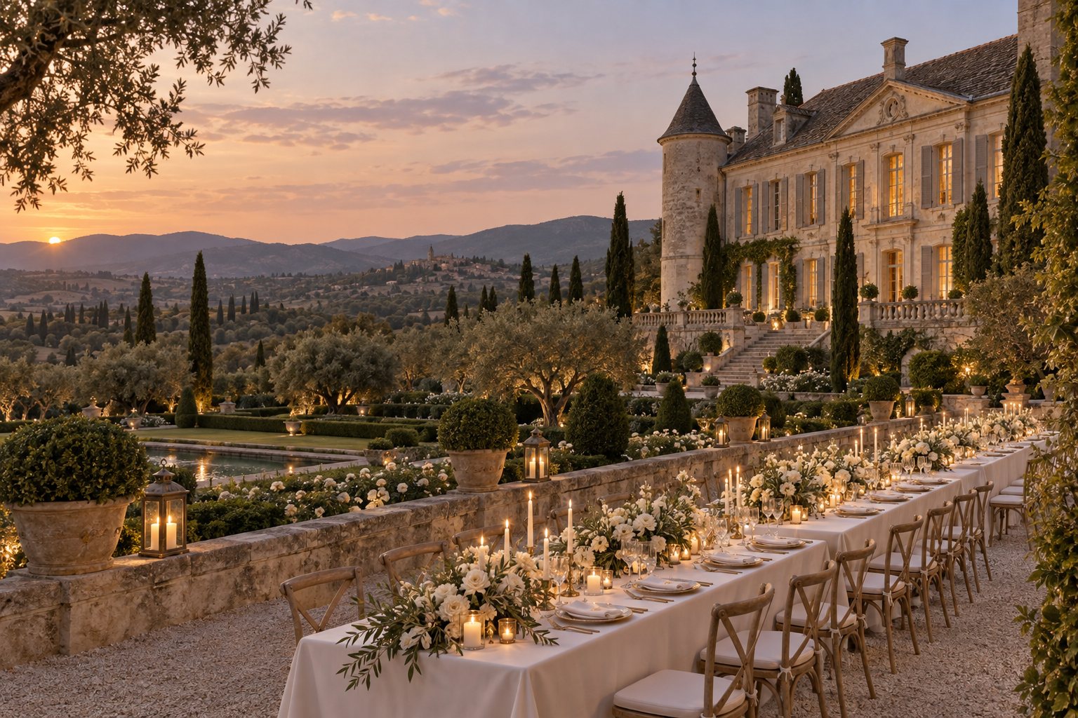 Illustrative French château garden prepared for an elegant wedding dinner