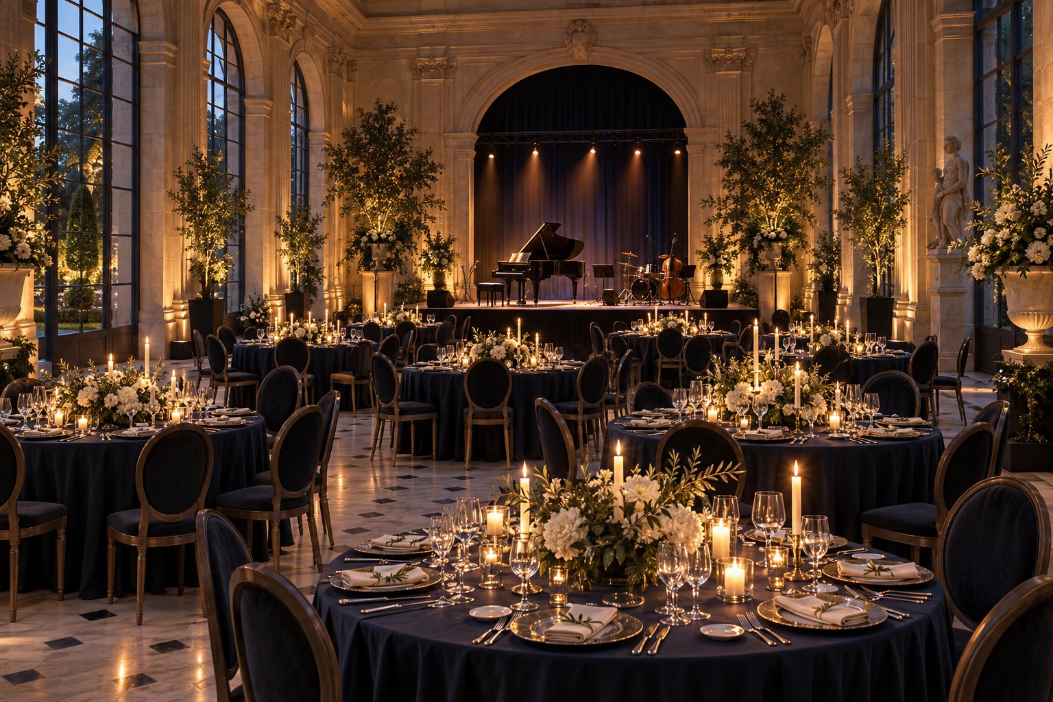 Illustrative château ballroom prepared for a private celebration or corporate gala